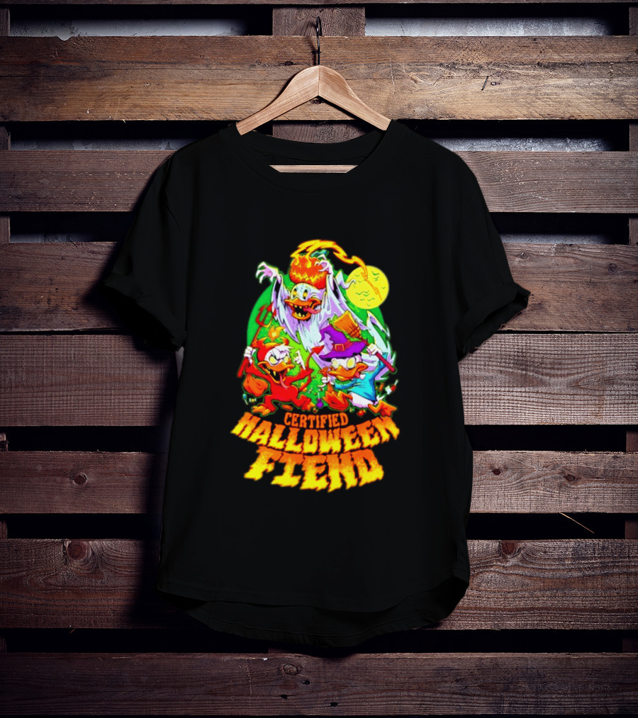 Certified Halloween Fiend Donald Duck Huey Dewey Louie Ghost Witch Devil Moon Scene T-Shirt