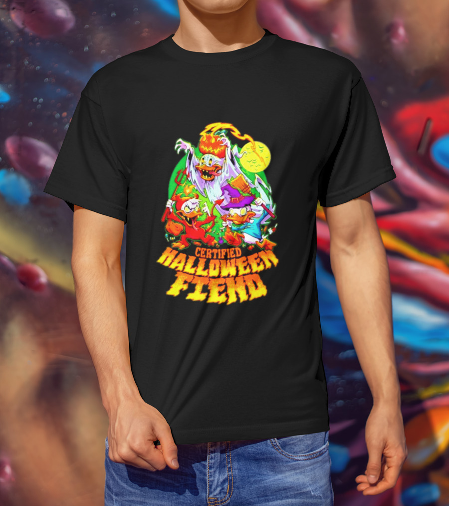 Certified Halloween Fiend Donald Duck Huey Dewey Louie Ghost Witch Devil Moon Scene T-Shirt