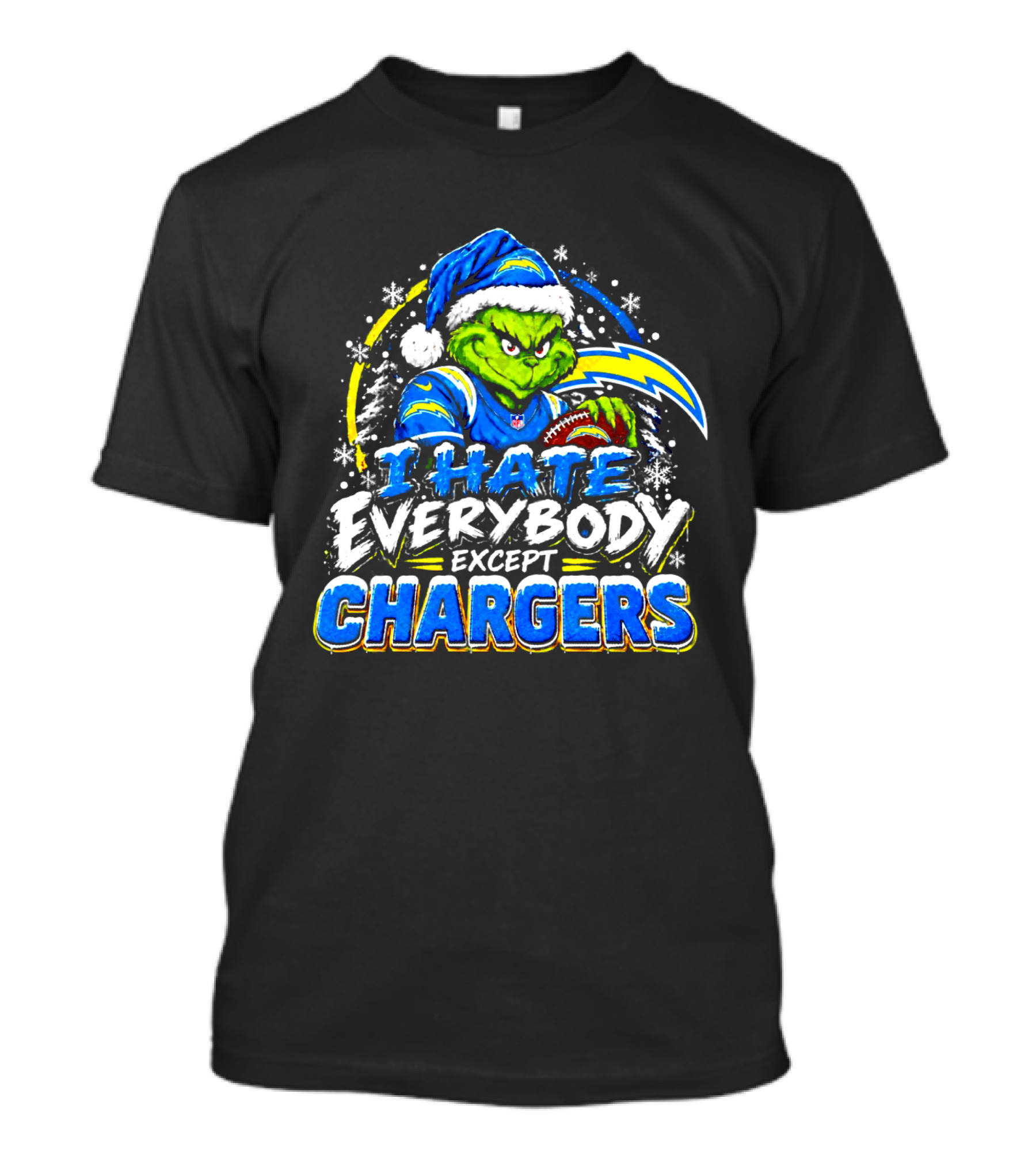 Los Angeles Chargers Grinch Christmas I Hate Everybody Except Chargers Fans Holiday T-Shirt