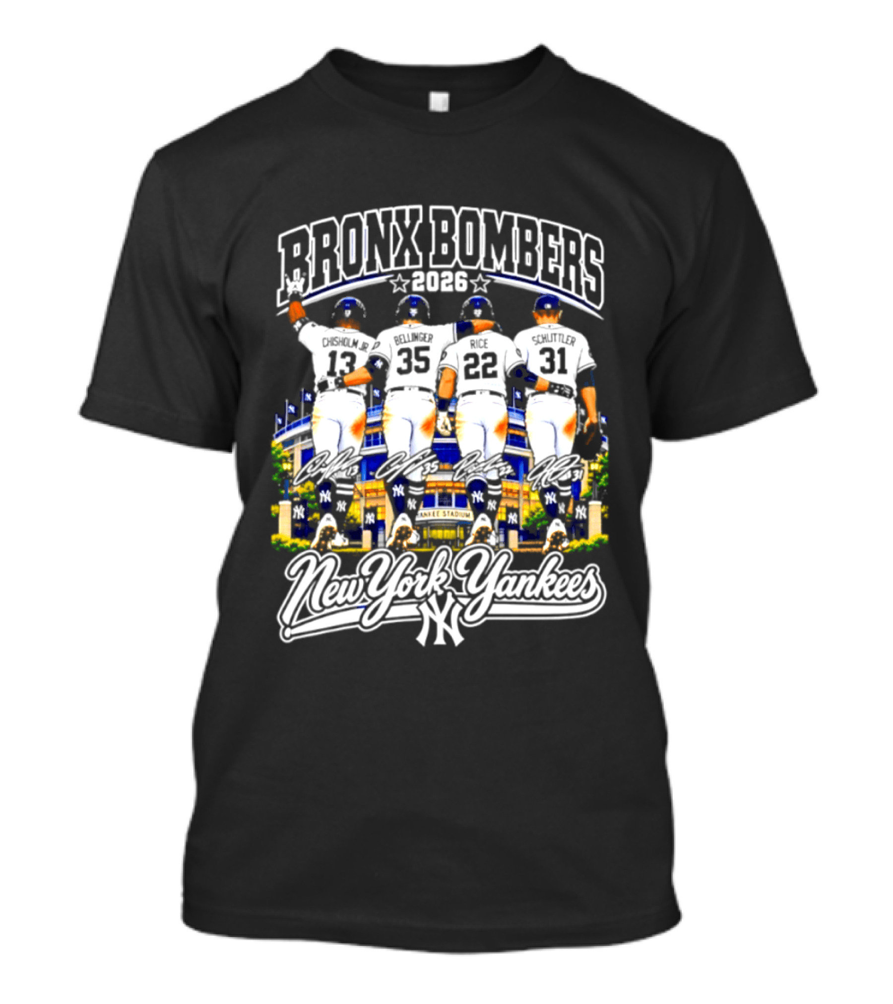 New York Yankees Bronx Bombers 2026 Chisholm Jr Bellinger Rice Schlittler Numbers 37 45 22 31 T-Shirt