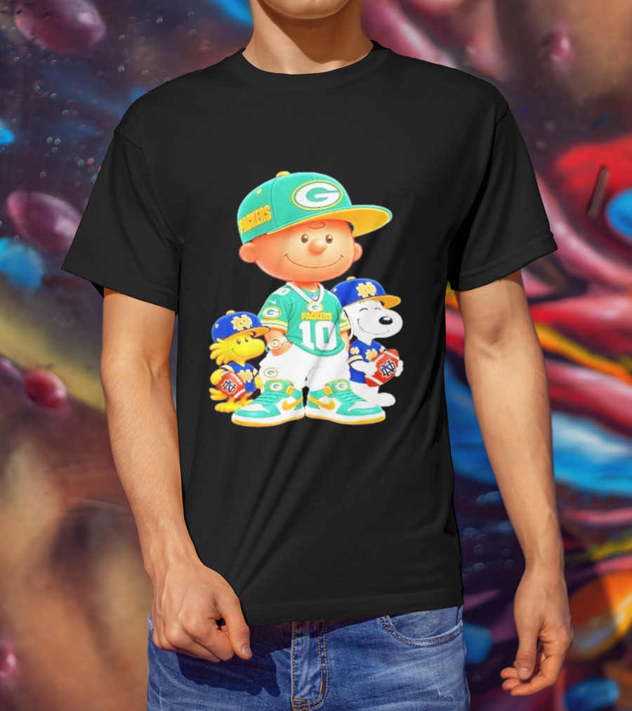 Peanuts Green Bay Packers Notre Dame Fighting Irish Football Characters Charlie Brown Snoopy Woodstock T-Shirt