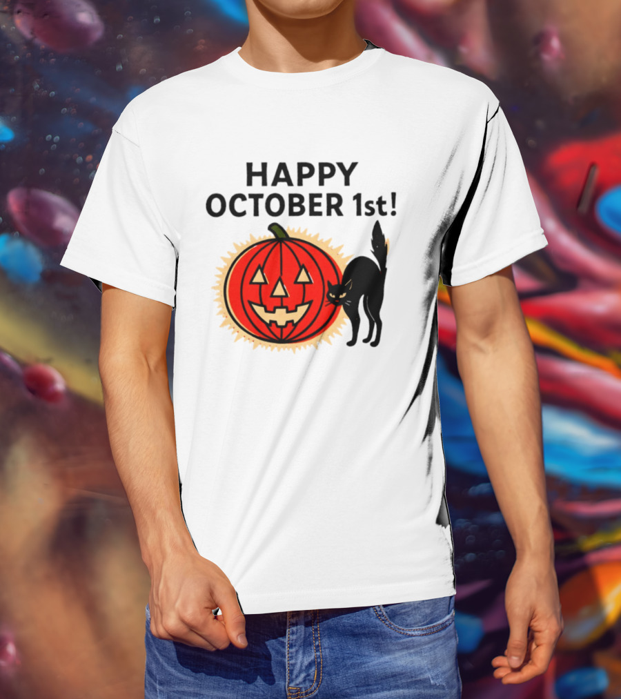 Happy October 1st Pumpkin Black Cat Halloween Celebration T-Shirt