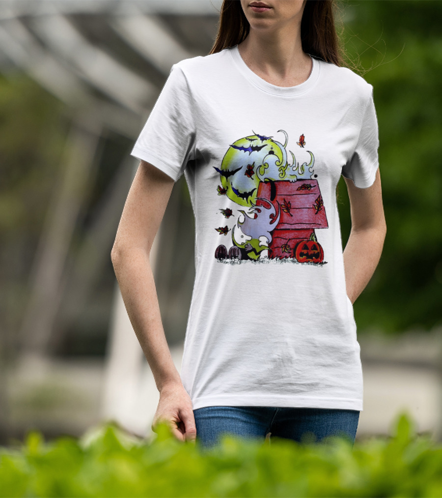 Snoopy Halloween Peanuts Moon Pumpkin Bats And Leaves T-Shirt