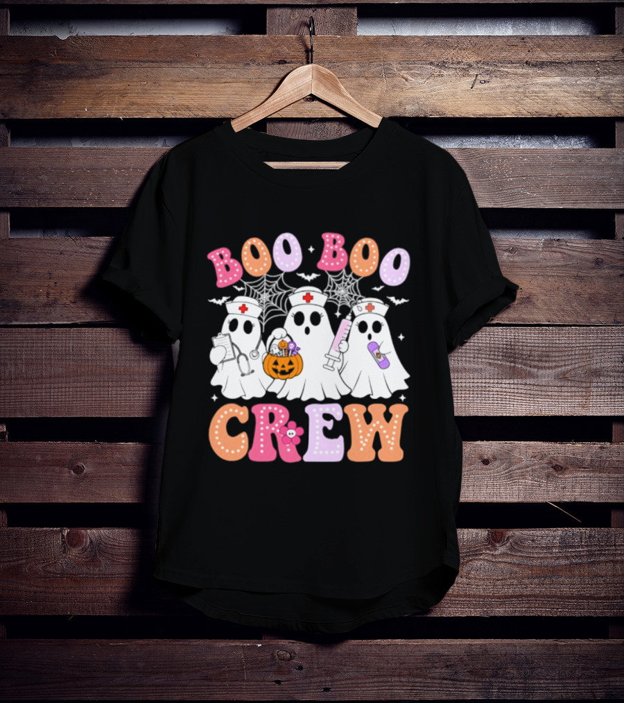 Boo Boo Crew Ghost Nurse Halloween Spooky Pumpkins And Webs T-Shirt