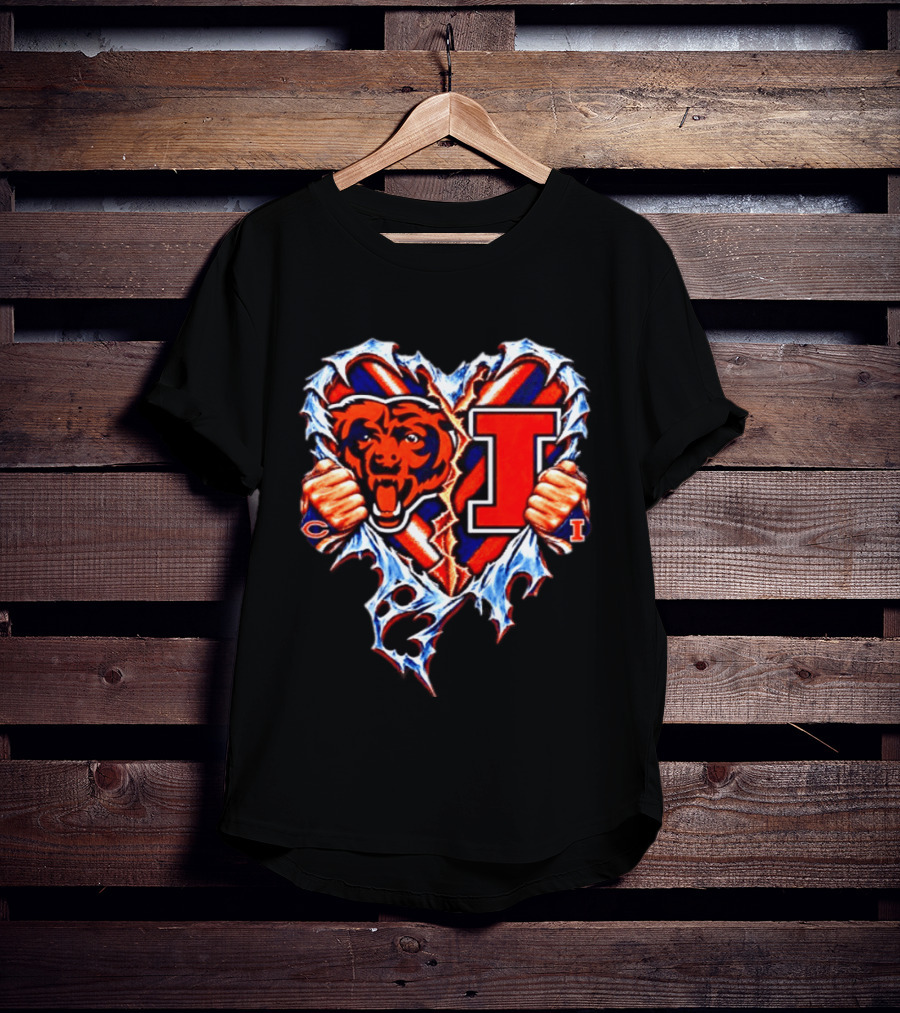 Chicago Bears Illinois Fighting Illini Heart Ripped Chest Mashup T-Shirt