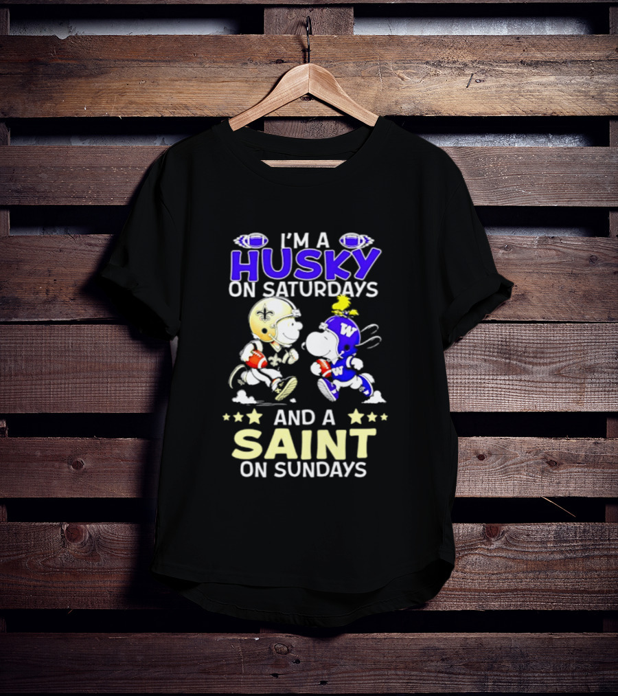 Peanuts I'm A Husky On Saturdays And A Saint On Sundays Football Charlie Brown Snoopy T-Shirt