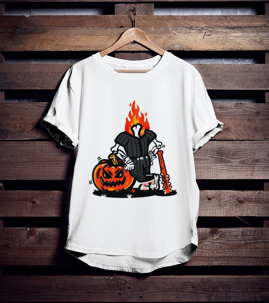 Flaming Pumpkin Head Baseball Player 2026 Halloween T-Shirt