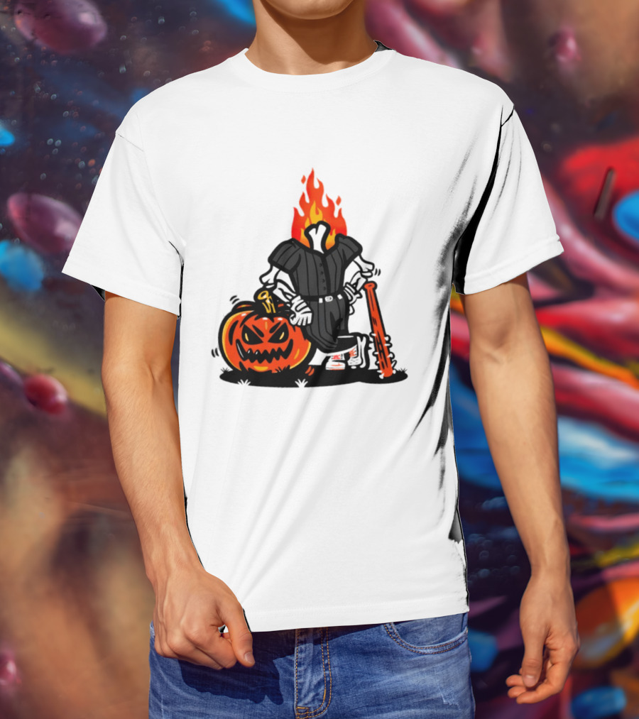 Flaming Pumpkin Head Baseball Player 2026 Halloween T-Shirt