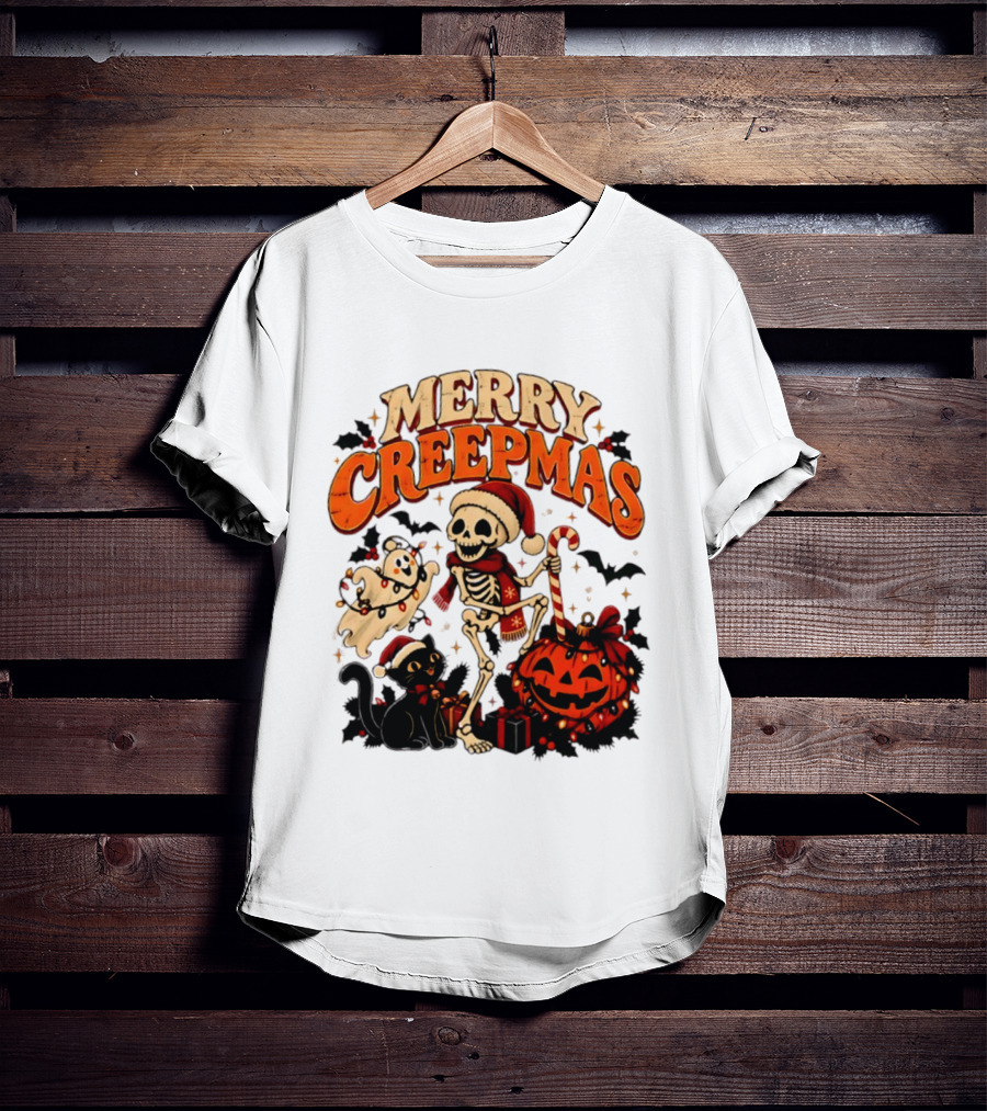 Merry Creepmas Skeleton Ghost Black Cat Pumpkin Holiday Scene T-Shirt