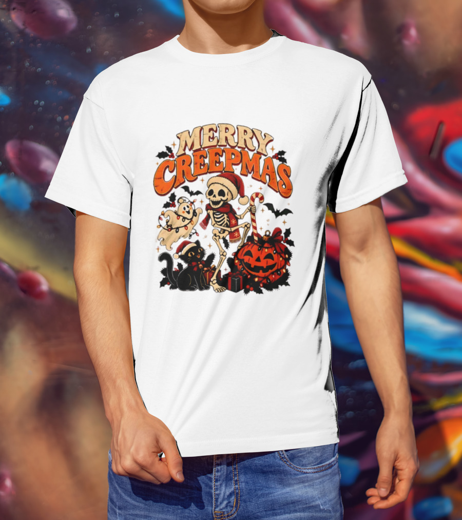 Merry Creepmas Skeleton Ghost Black Cat Pumpkin Holiday Scene T-Shirt