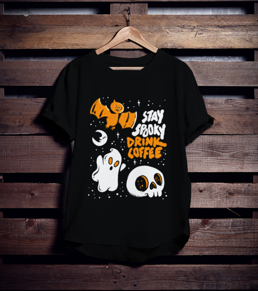 Stay Spooky Drink Coffee Halloween Ghost With Bat Skull And Moon T-Shirt