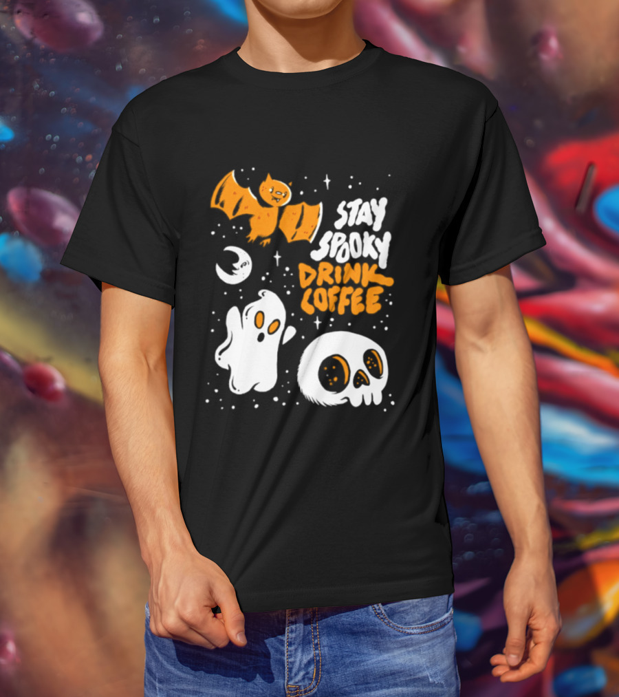 Stay Spooky Drink Coffee Halloween Ghost With Bat Skull And Moon T-Shirt