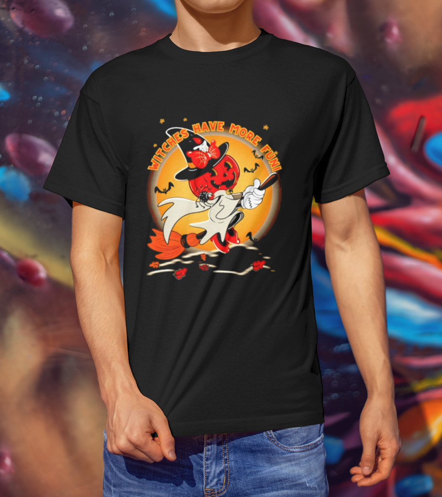 Witches Have More Fun Pumpkin Witch Riding Broomstick Halloween Magic T-Shirt