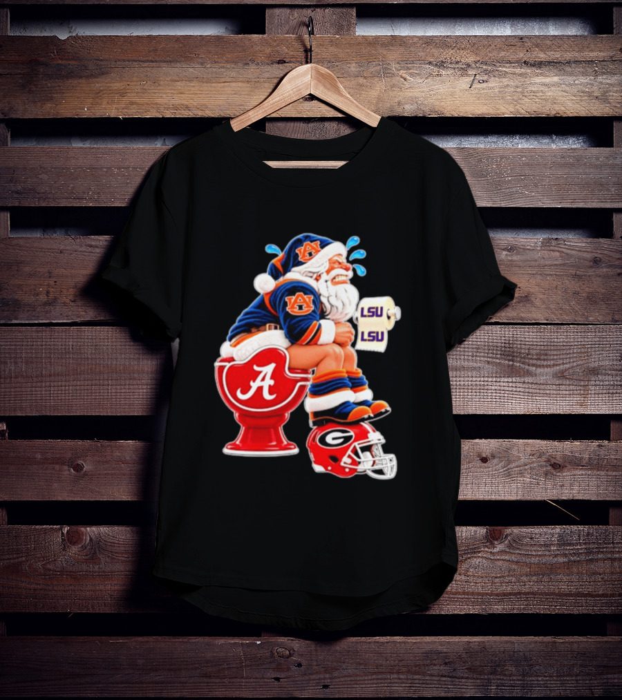 Auburn Santa On Alabama Crimson Tide Toilet With LSU Paper Georgia Bulldogs Helmet Football Humor T-Shirt
