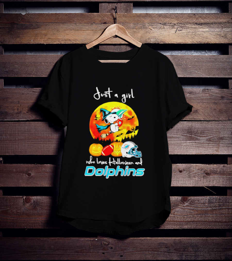 Just A Girl Who Loves Halloween And Miami Dolphins Snoopy Woodstock Pumpkin Football T-Shirt