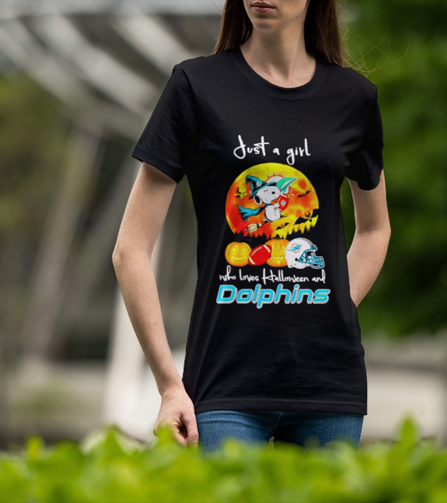 Just A Girl Who Loves Halloween And Miami Dolphins Snoopy Woodstock Pumpkin Football T-Shirt
