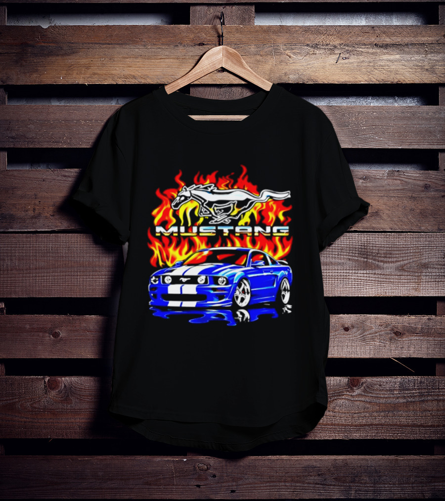 Mustang Blue Car With Flaming Horse And Fire T-Shirt
