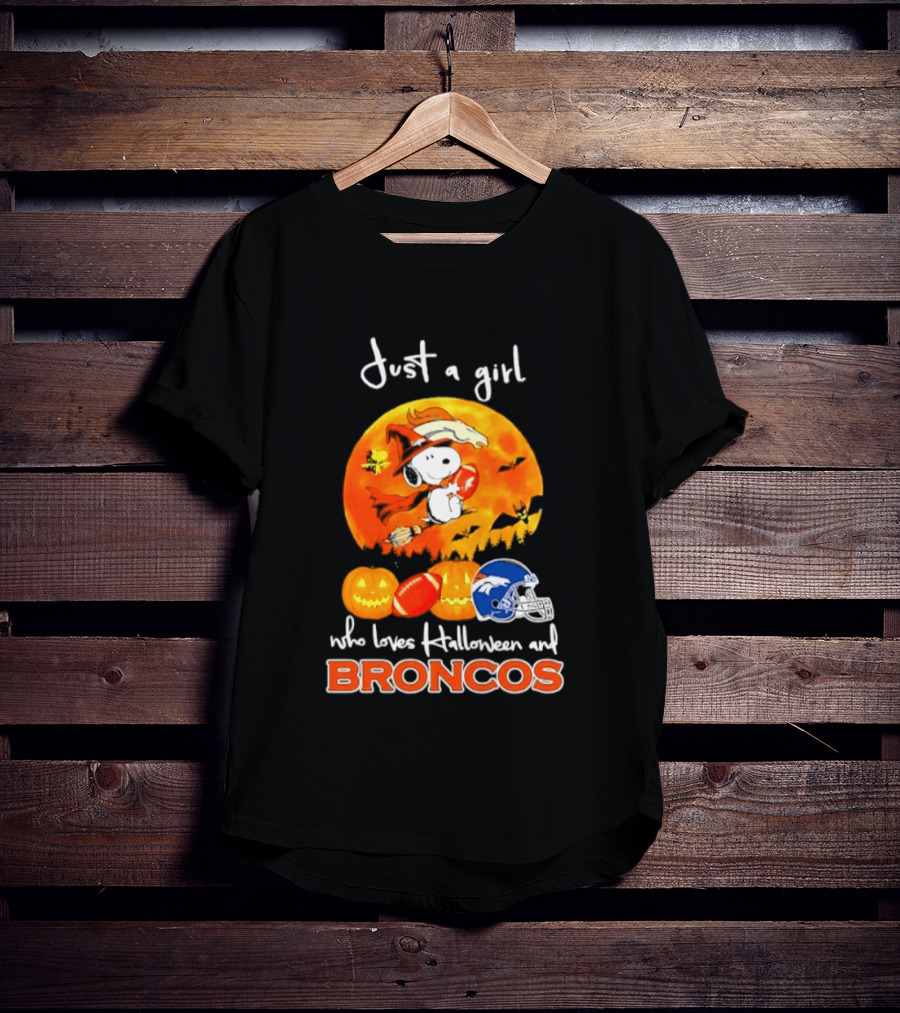 Just A Girl Who Loves Halloween And Broncos Football With Snoopy And Woodstock In Pumpkin T-Shirt