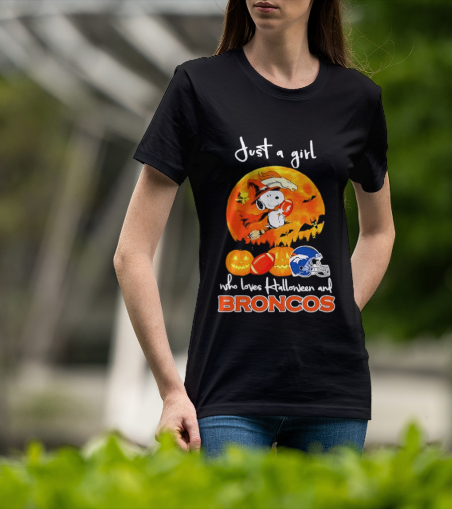 Just A Girl Who Loves Halloween And Broncos Football With Snoopy And Woodstock In Pumpkin T-Shirt