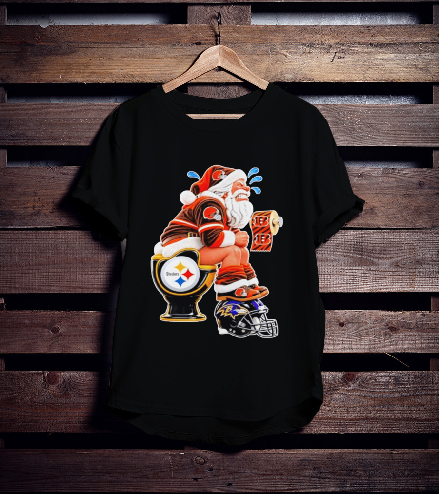 Santa Claus Cleveland Browns Toilet Sitting Steelers Ravens Bengals Meme T-Shirt