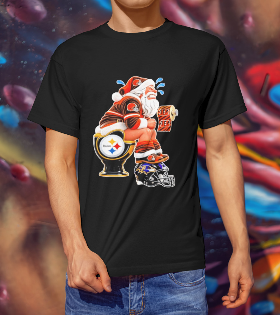 Santa Claus Cleveland Browns Toilet Sitting Steelers Ravens Bengals Meme T-Shirt
