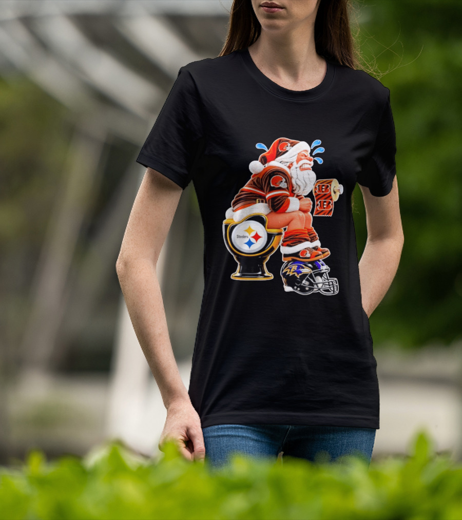 Santa Claus Cleveland Browns Toilet Sitting Steelers Ravens Bengals Meme T-Shirt