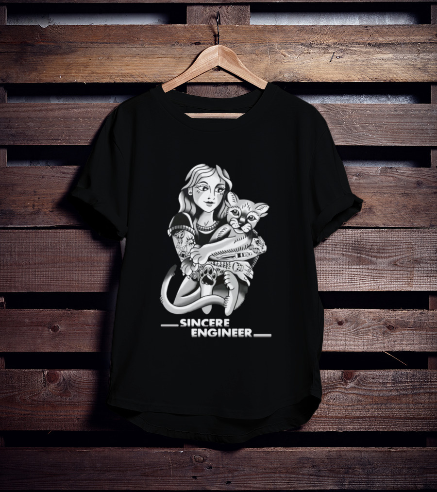 Sincere Engineer Punk Alternative Tattooed Girl Hugging Cat T-Shirt
