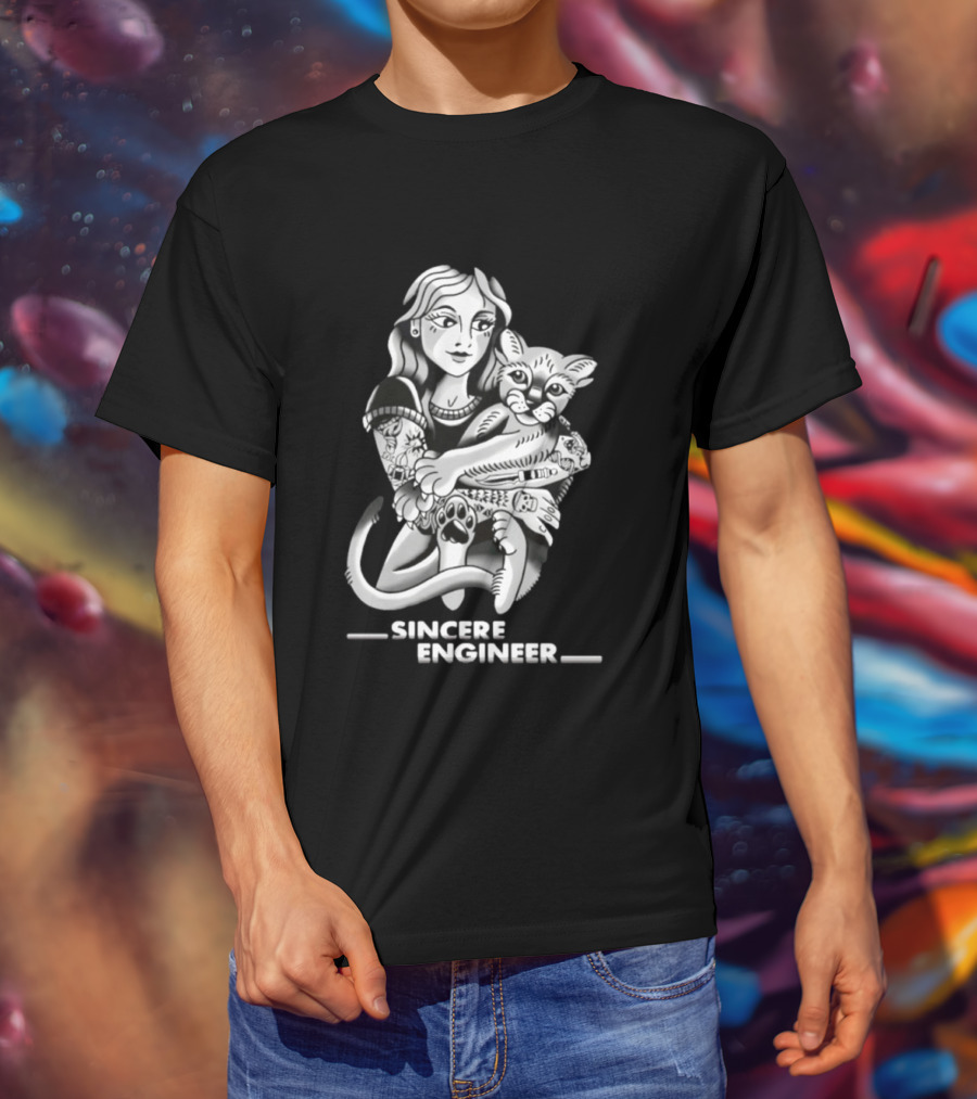 Sincere Engineer Punk Alternative Tattooed Girl Hugging Cat T-Shirt