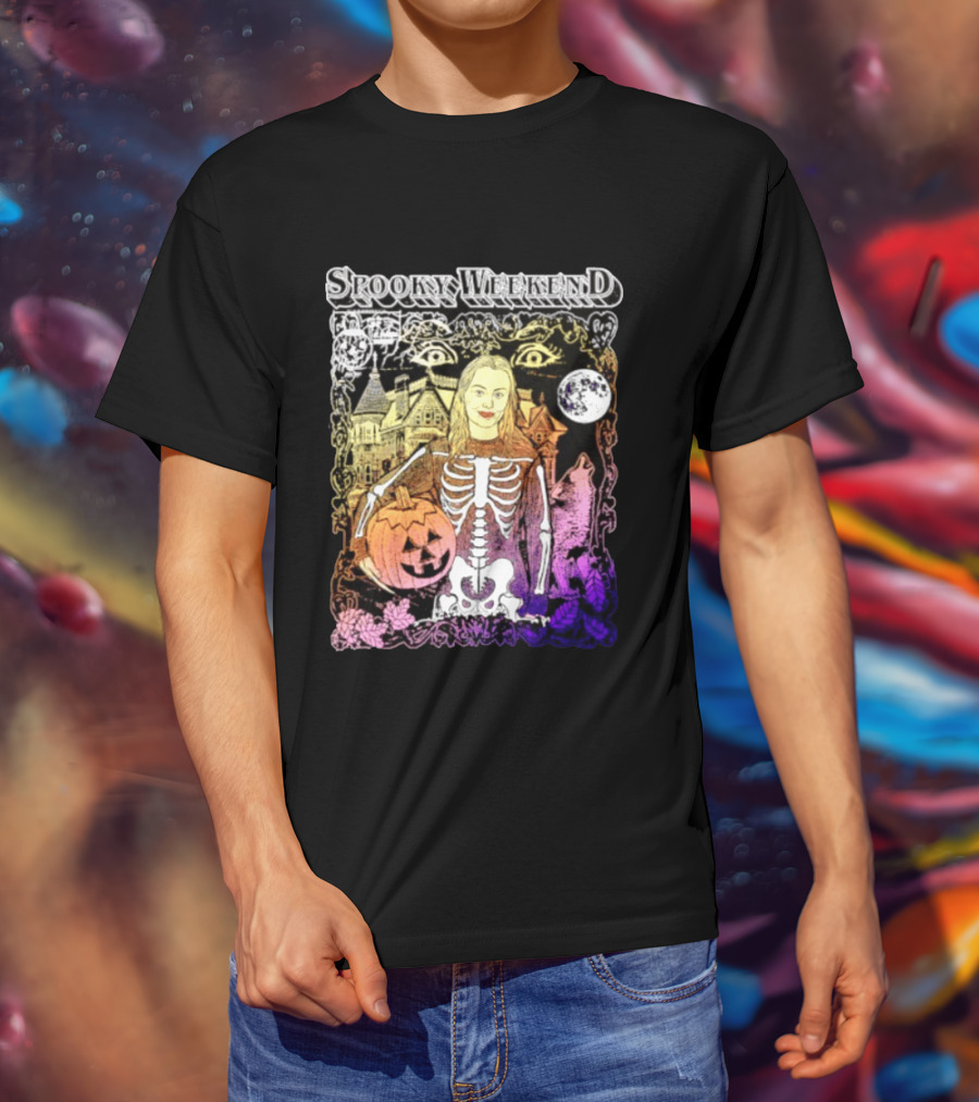 Spooky Weekend Skeleton Pumpkin Haunted House Halloween Magic Moonlit Night T-Shirt