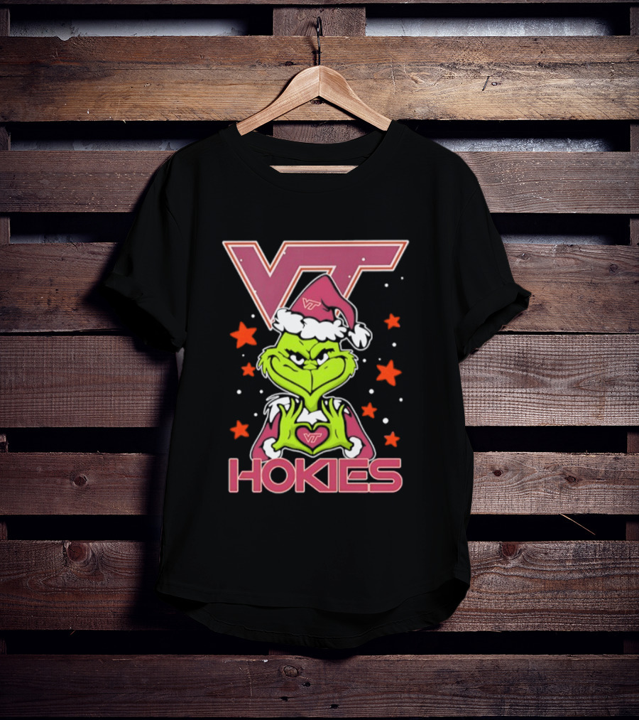 Virginia Tech Hokies Grinch Christmas Love Hands Football 2026 T-Shirt