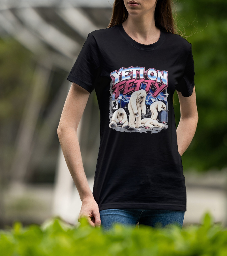 Yeti On Fetty Bigfoot Snowy Mountain Scene T-Shirt