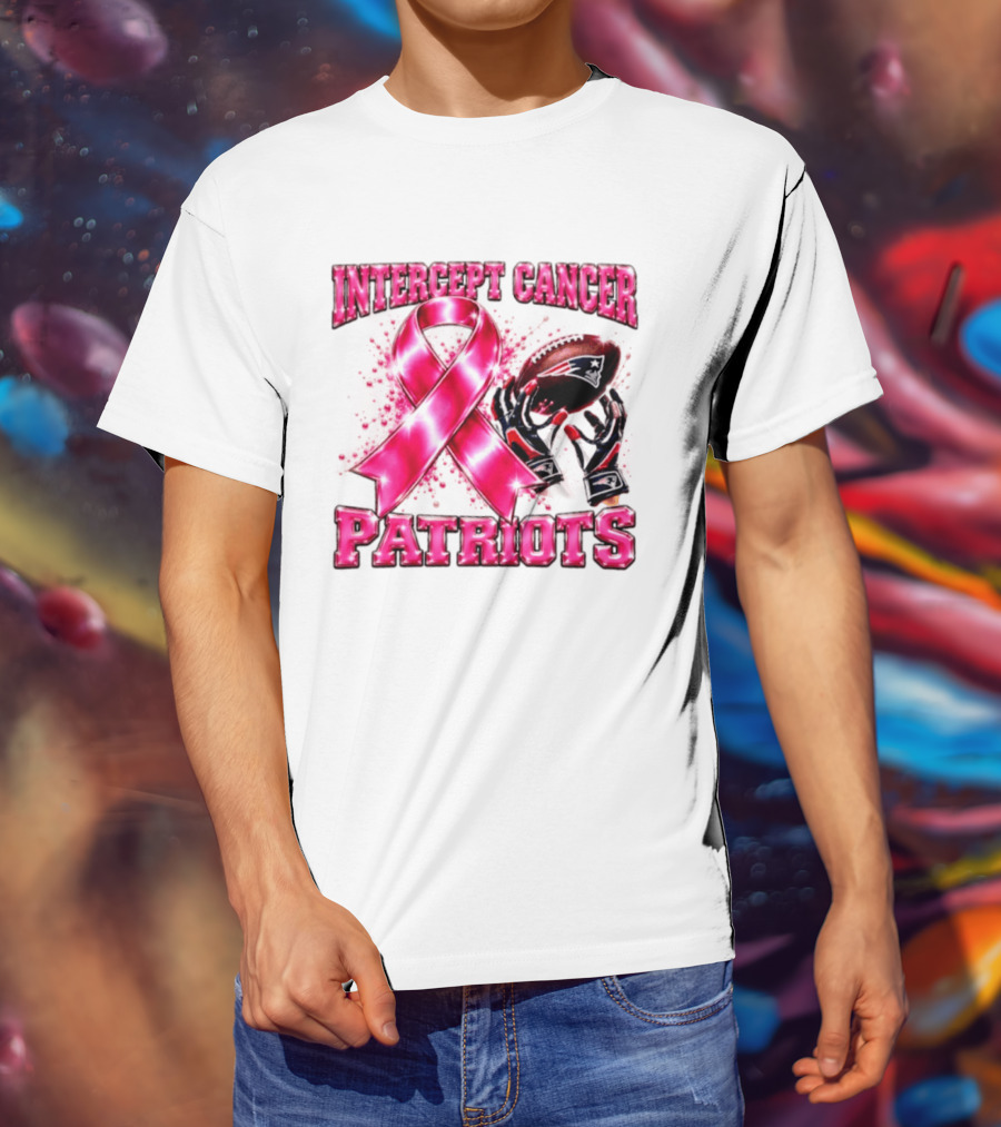 Intercept Cancer New England Patriots 2026 Football Gloves Pink Ribbon Awareness T-Shirt