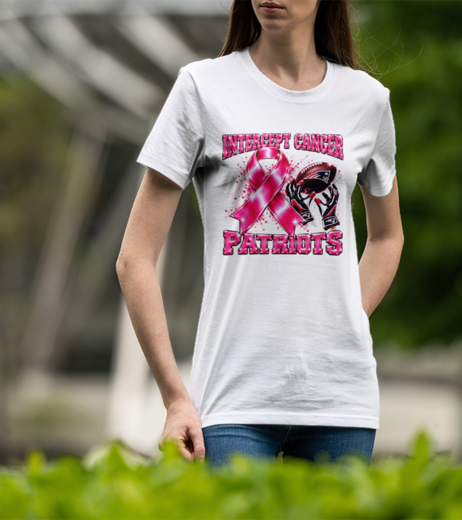 Intercept Cancer New England Patriots 2026 Football Gloves Pink Ribbon Awareness T-Shirt