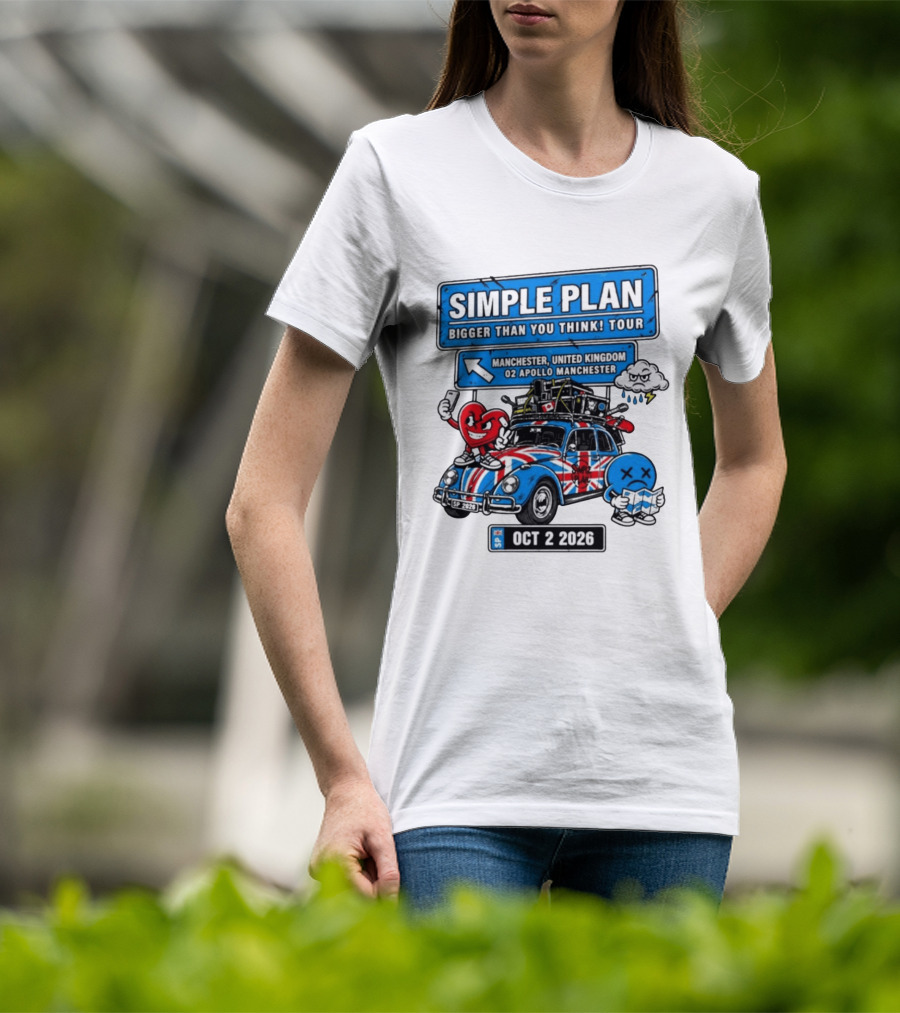 Simple Plan Bigger Than You Think Tour Manchester O2 Apollo Oct 2 2026 Car And Characters T-Shirt