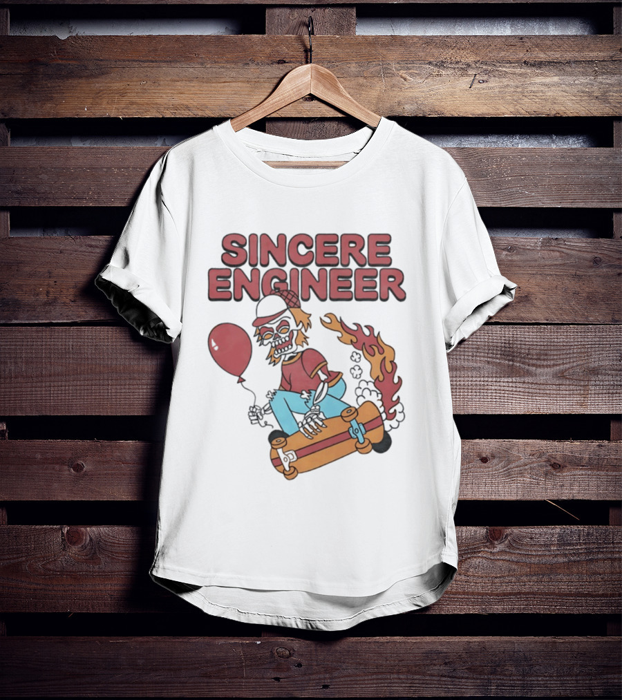 Sincere Engineer Skeleton Skateboarder With Balloon And Flaming Wheels T-Shirt