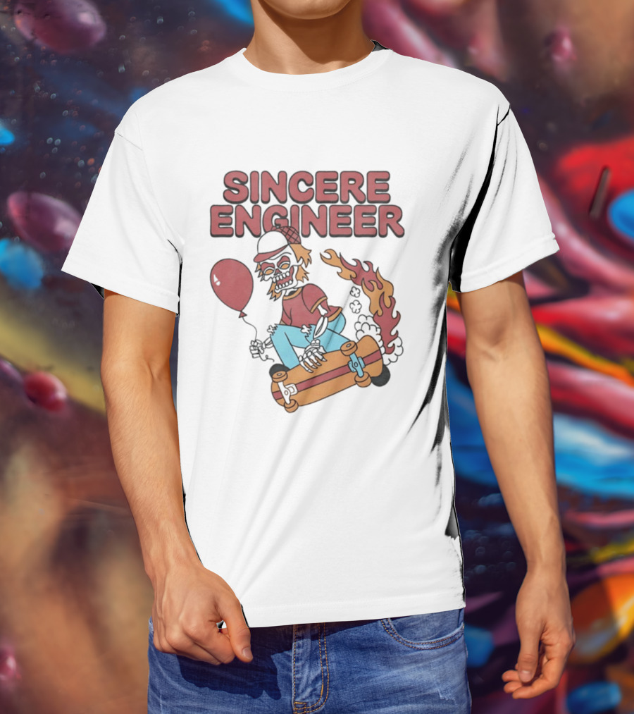 Sincere Engineer Skeleton Skateboarder With Balloon And Flaming Wheels T-Shirt