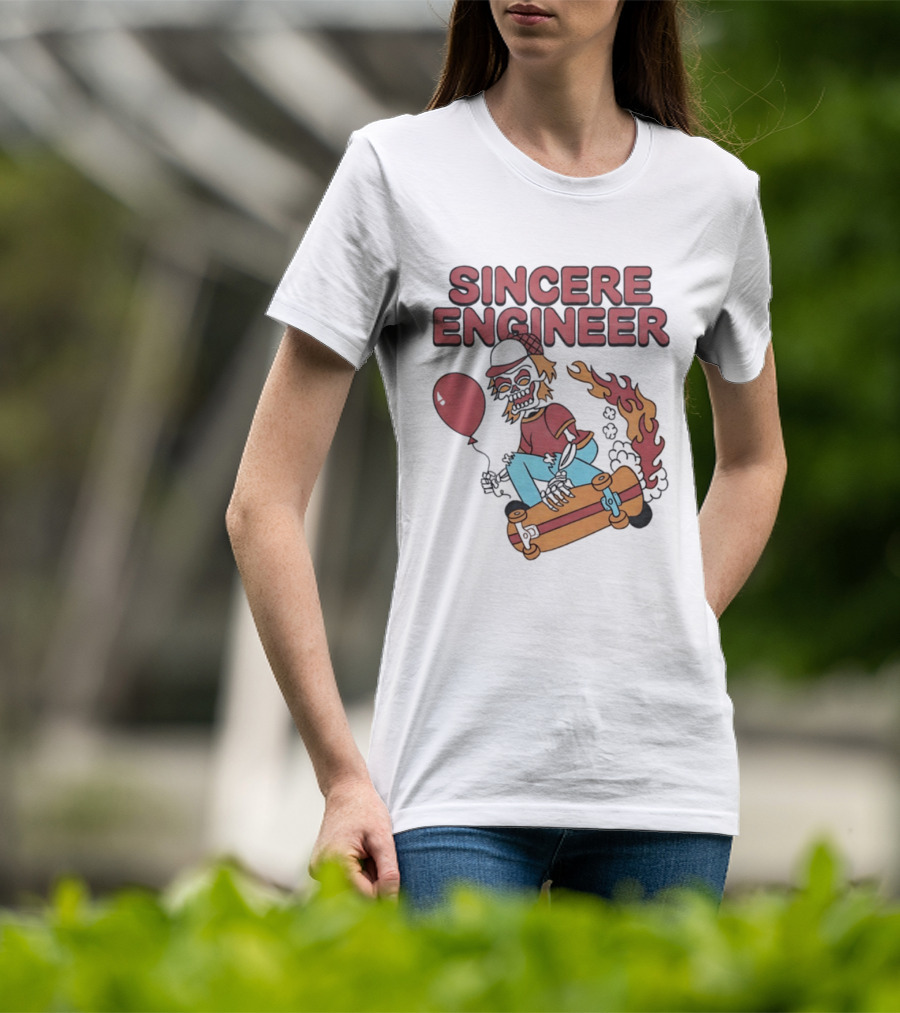 Sincere Engineer Skeleton Skateboarder With Balloon And Flaming Wheels T-Shirt