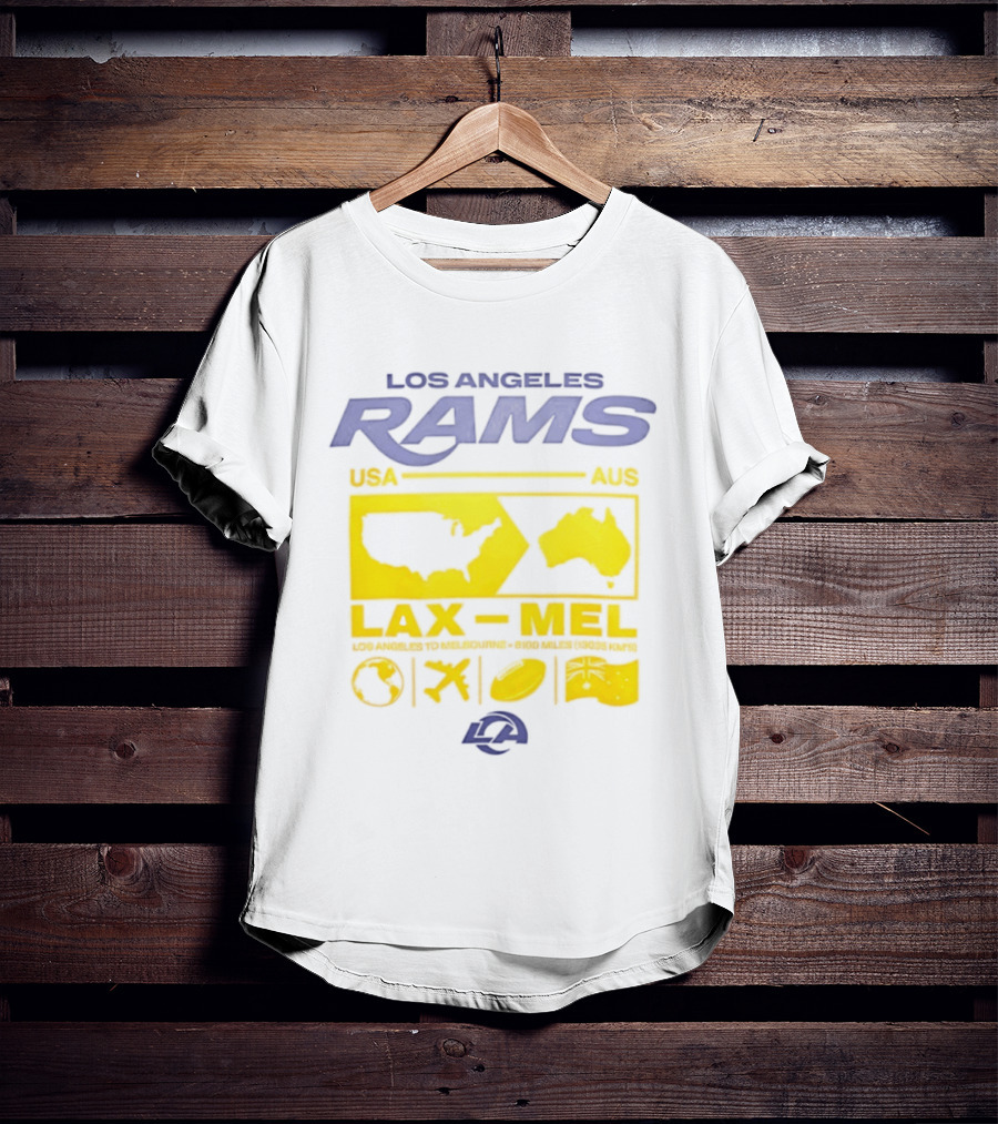 Los Angeles Rams LAX To MEL 2026 USA To Australia Football Journey T-Shirt