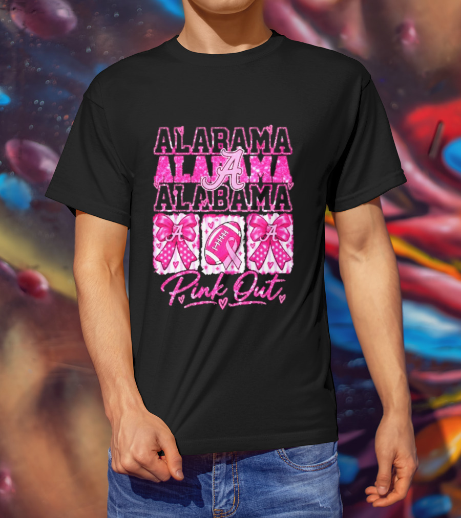 Alabama Crimson Tide A Pink Out Breast Cancer Awareness Football Bow Game Day T-Shirt