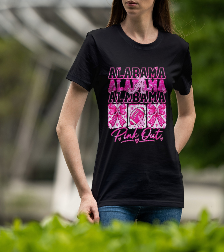 Alabama Crimson Tide A Pink Out Breast Cancer Awareness Football Bow Game Day T-Shirt