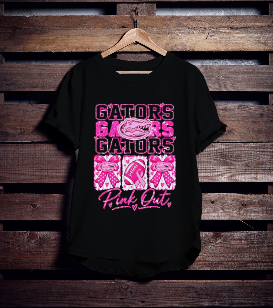 Gators Pink Out Breast Cancer Awareness Game Day Bow Ribbon Football T-Shirt