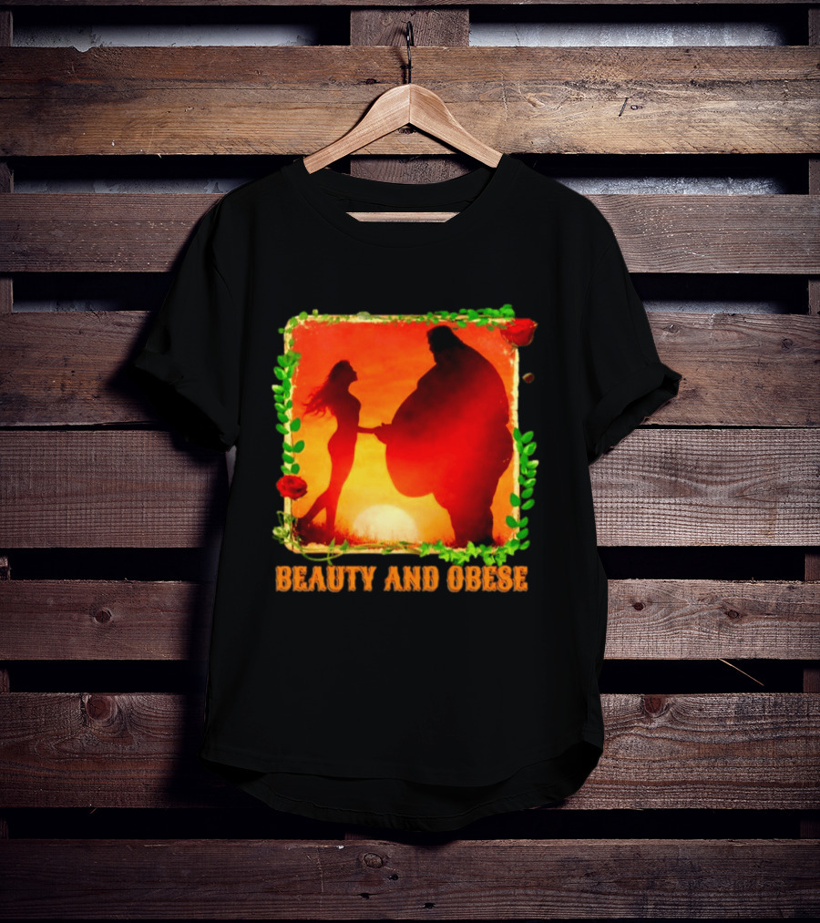 Beauty And Obese Romantic Satire With Sunset Silhouette And Roses T-Shirt
