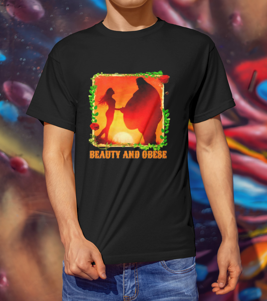 Beauty And Obese Romantic Satire With Sunset Silhouette And Roses T-Shirt