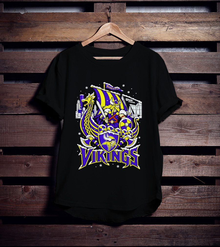 Minnesota Vikings Ship US Bank Stadium Winter City Skyline T-Shirt