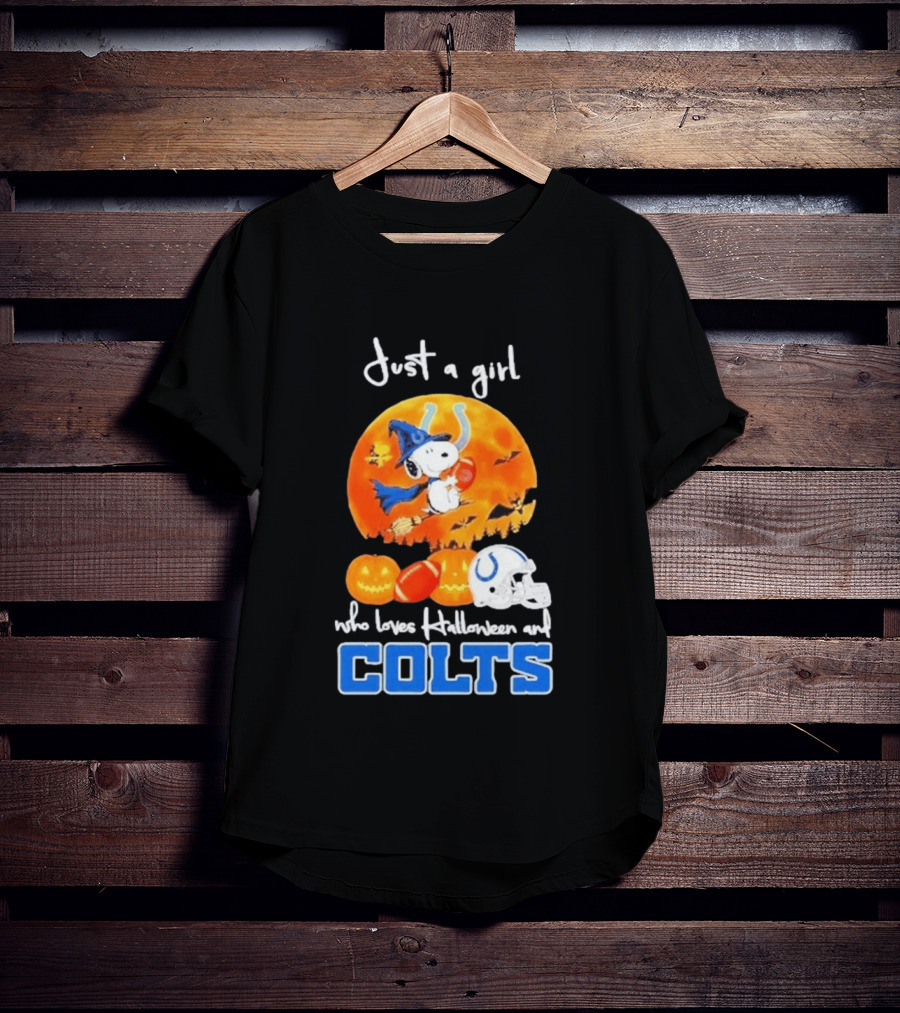 Just A Girl Who Loves Halloween And Colts Snoopy Woodstock Collaboration T-Shirt