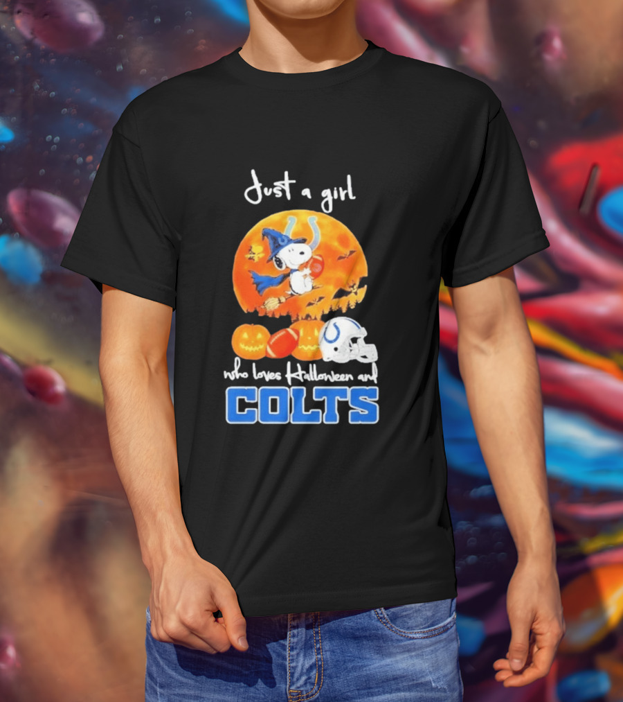 Just A Girl Who Loves Halloween And Colts Snoopy Woodstock Collaboration T-Shirt