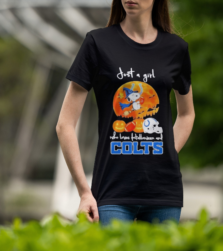 Just A Girl Who Loves Halloween And Colts Snoopy Woodstock Collaboration T-Shirt
