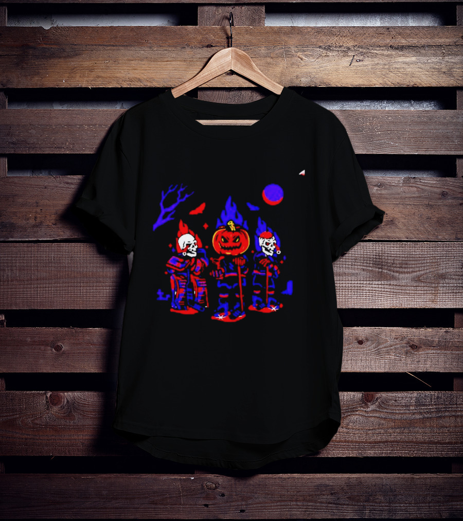 Halloween Pumpkin Skeleton Hockey Players Spooky Sports T-Shirt