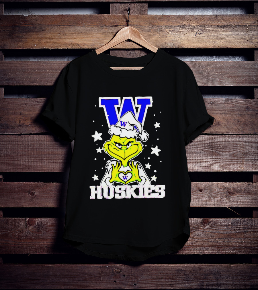 Washington Huskies Grinch Santa Hat Christmas Heart Hands W Monogram T-Shirt