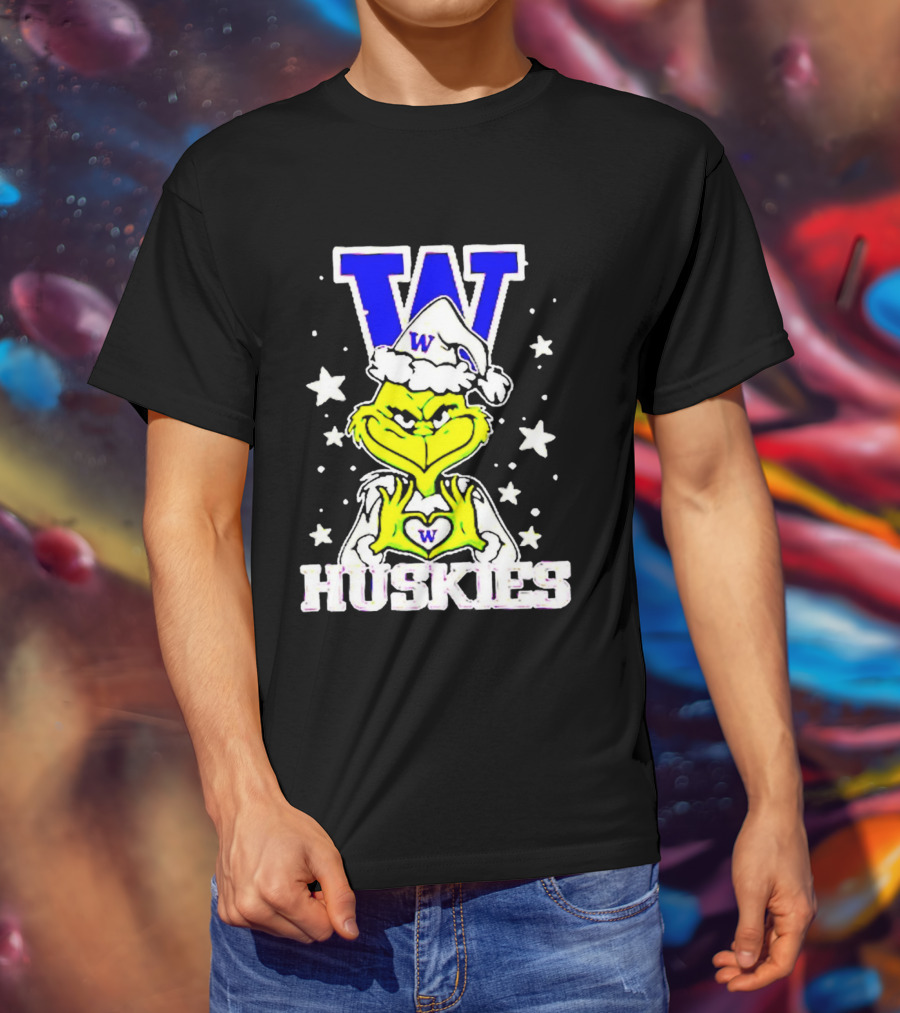 Washington Huskies Grinch Santa Hat Christmas Heart Hands W Monogram T-Shirt